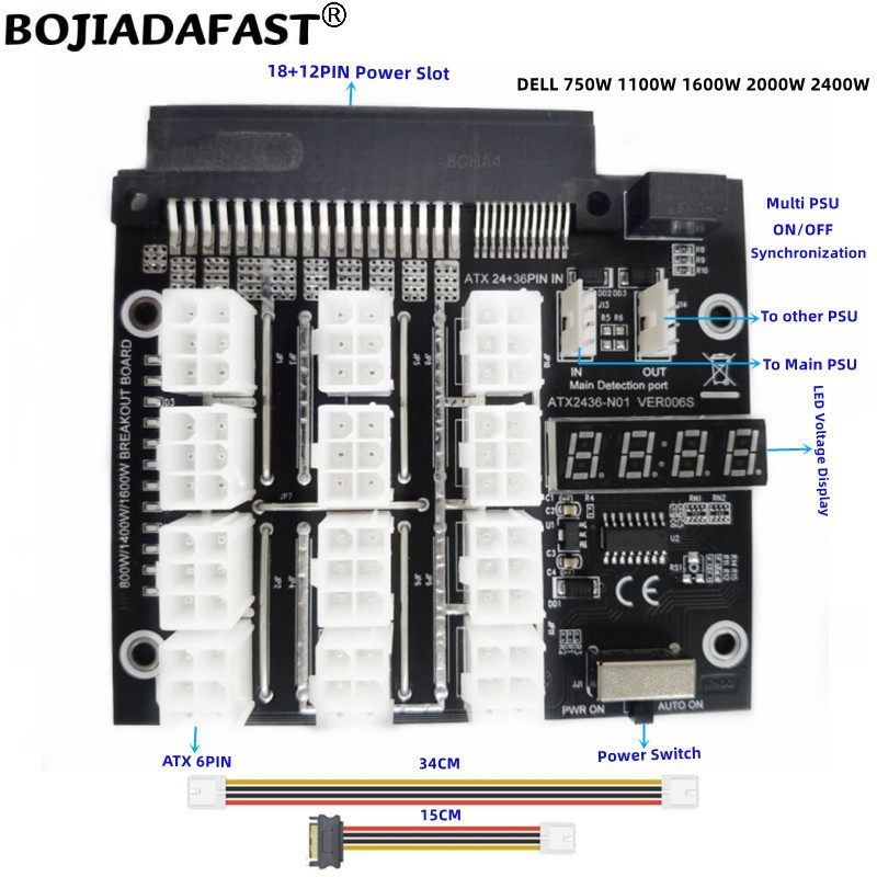 لوحة توصيل 12 * PCI-E 6Pin لال - مراجعة 2400W Server Psu Breakout Board وسعره
